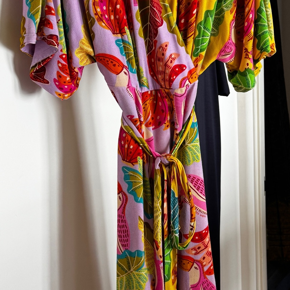 FARM Rio Pink Yellow Tropical Print Midi Wrap Dress - Picture 5 of 8